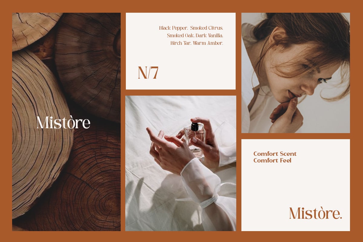 Mistore fragrance brand mood board with warm wood textures, perfume bottle, model portrait, scent notes in terracotta tones