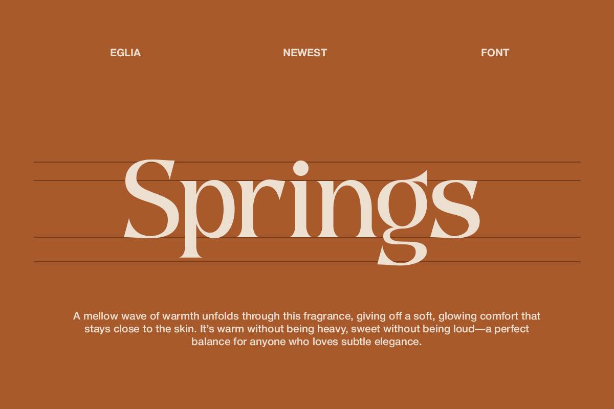 Eghia typeface specimen showing elegant serif font on warm terracotta background with Springs text display