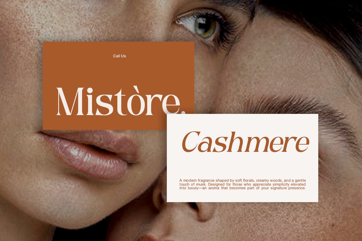 Luxury fragrance brand mockup with terracotta overlay cards on close-up face photography
