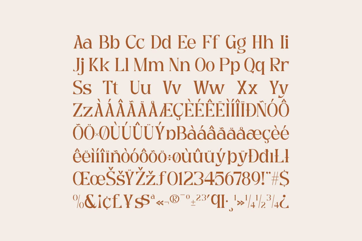 Serif font specimen showing full character set with accents, numbers, punctuation on beige background
