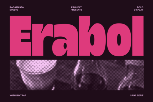 Hot pink sans serif typeface with chunky letterforms on dark background