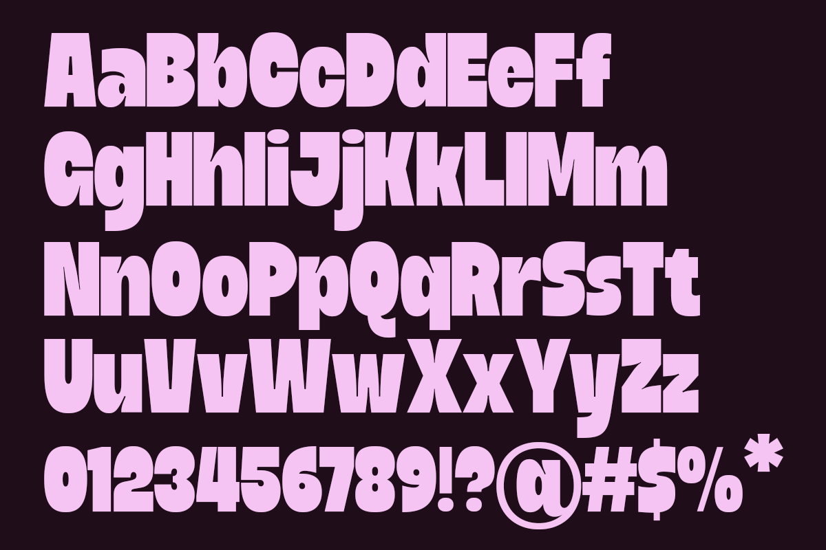 Chunky pink display font with full character set on dark background