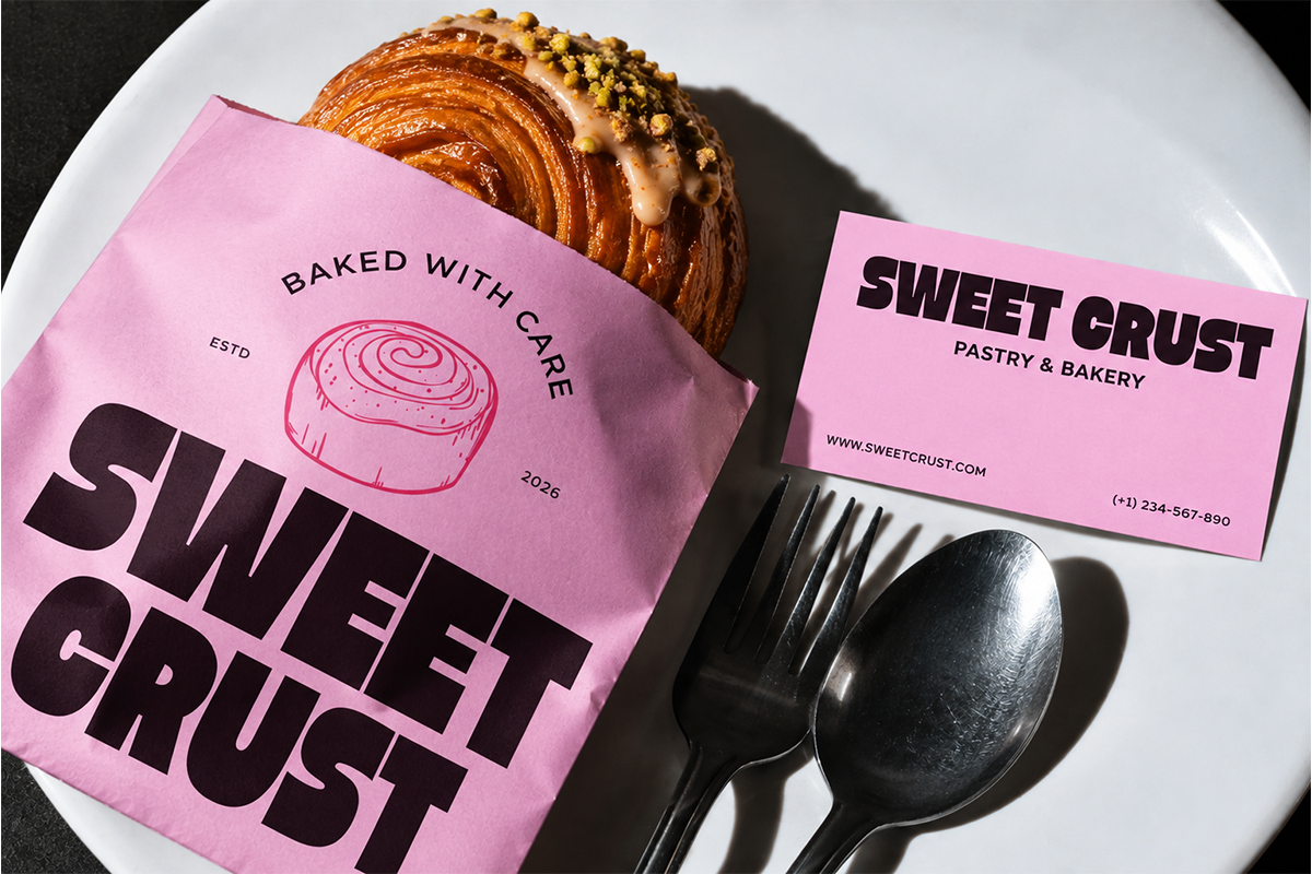 Bakery branding mockup with pink paper bag, business card, pastry, utensils on white plate