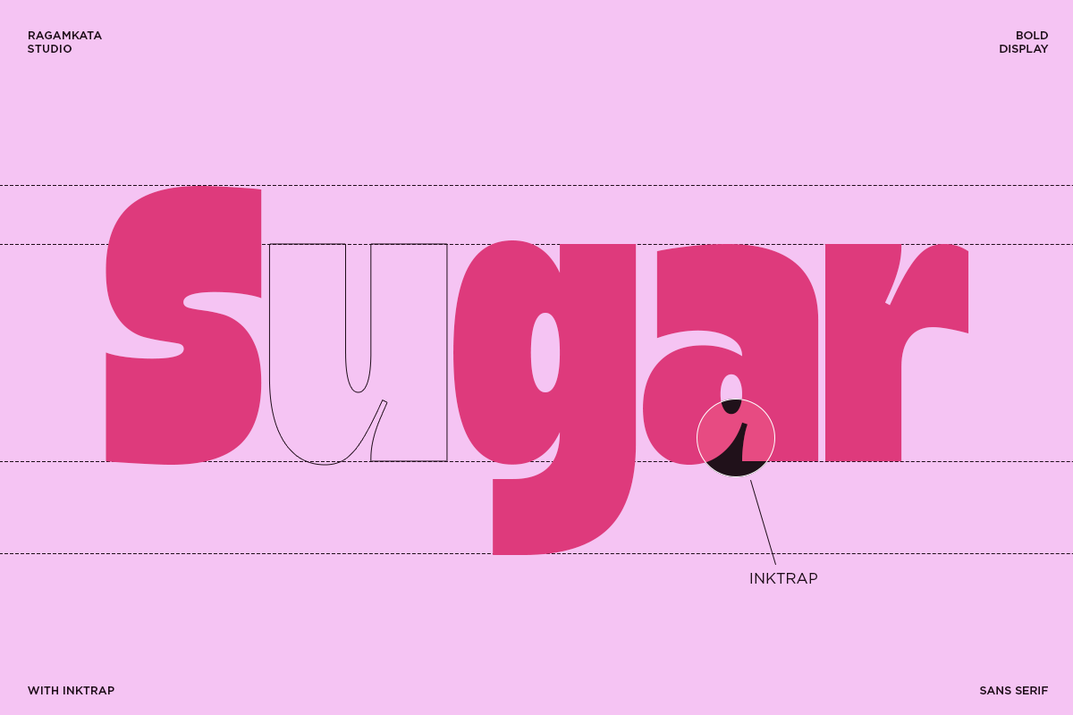 Sugar typeface mockup with hot pink letters, grid lines, outlined letters, a circular graphic element on light pink background