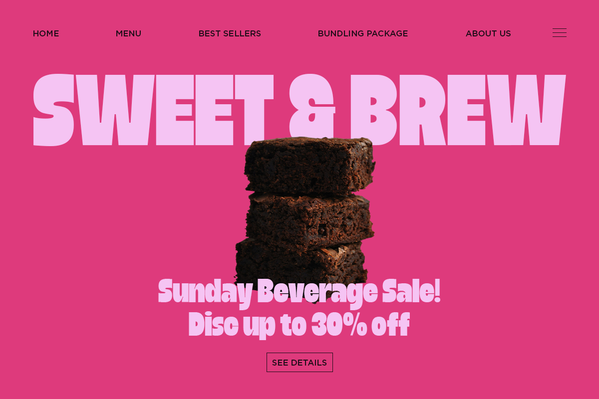 Stacked chocolate brownies on hot pink background with "Sweet Brew" headline