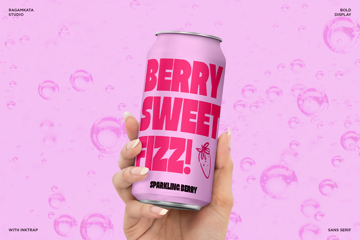 Hand holding pink soda can mockup with bold Berry Sweet Fizz label on bubbly background