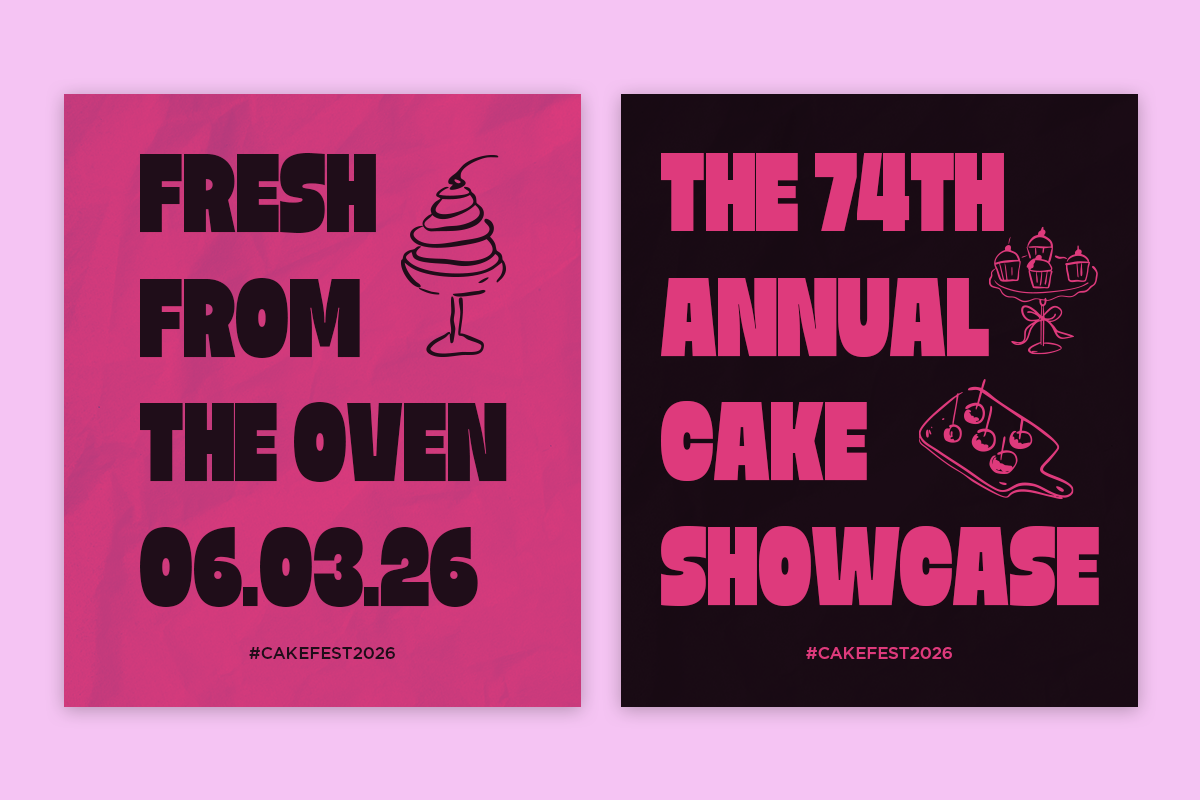 Bright pink plus black poster duo for cake fest 2026 with bold typography plus dessert line art illustrations