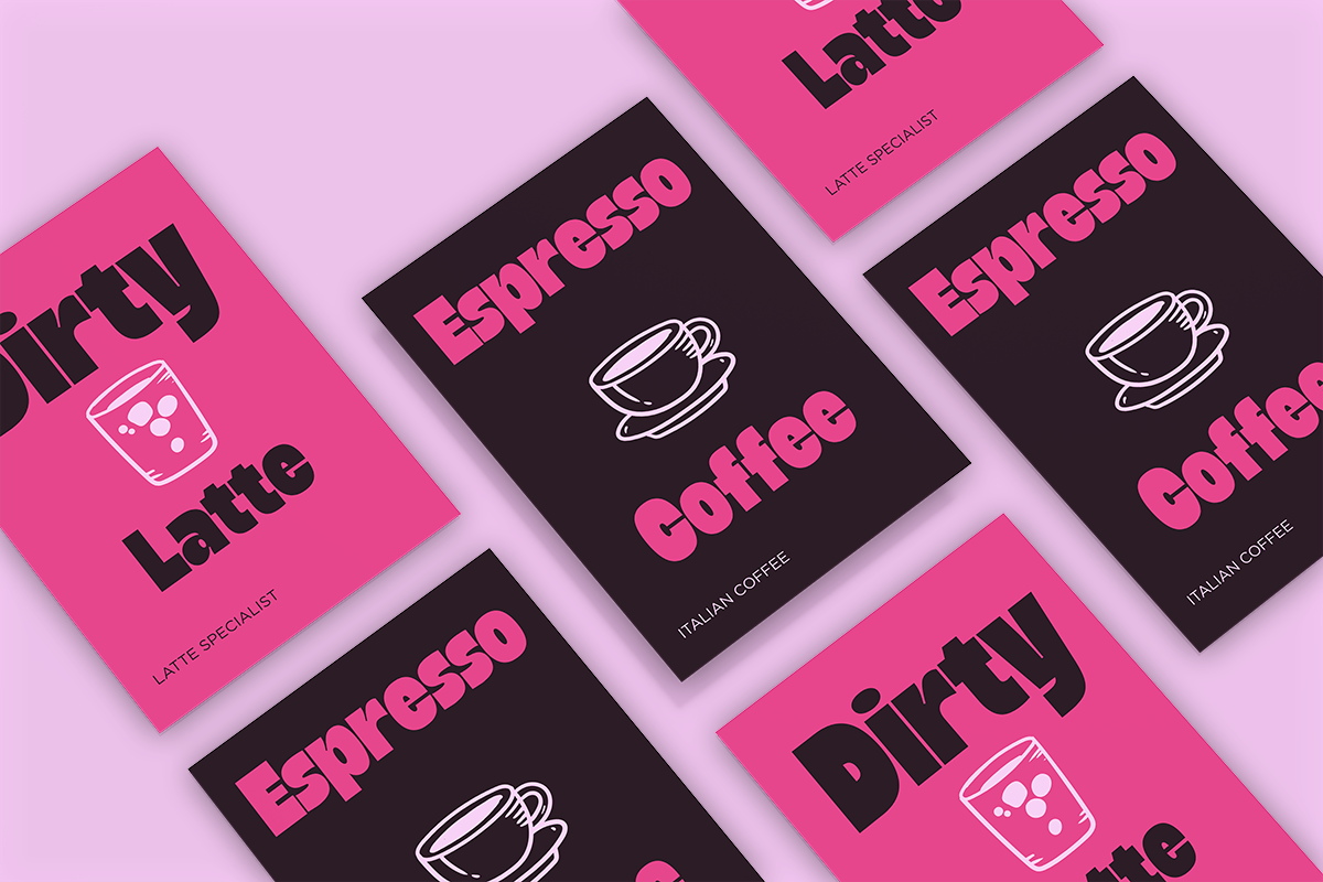 Bright pink coffee shop menu cards scattered on lavender background with espresso, latte, dirty designs in bold typography