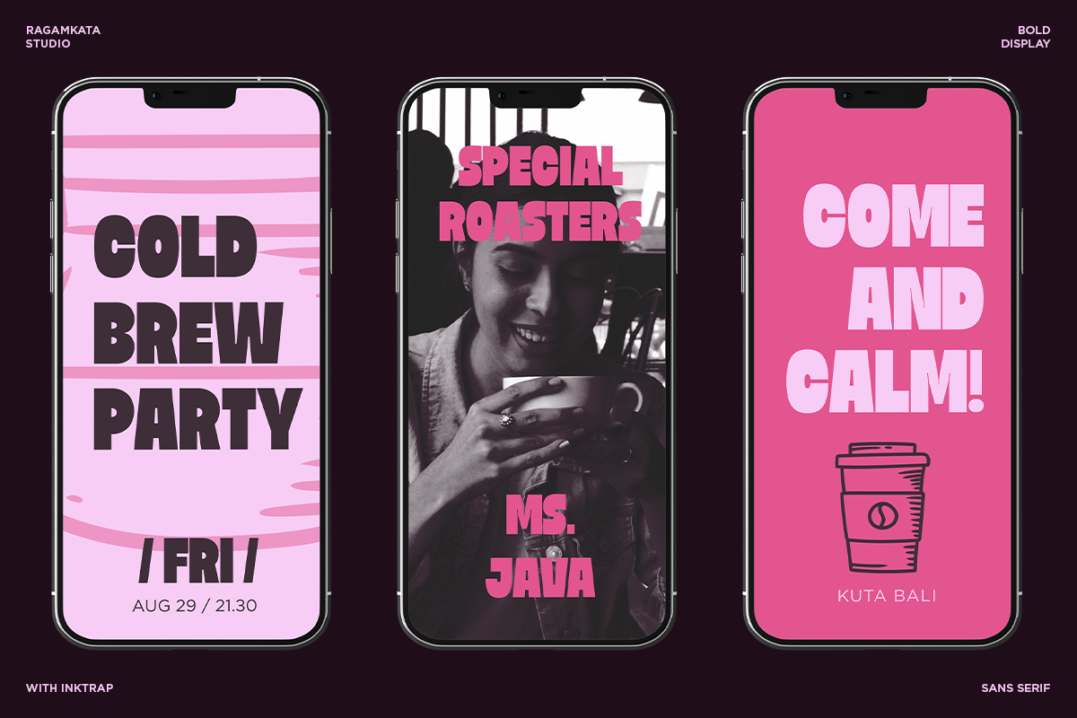 Three phone mockups displaying bold pink event flyers with coffee shop typography
