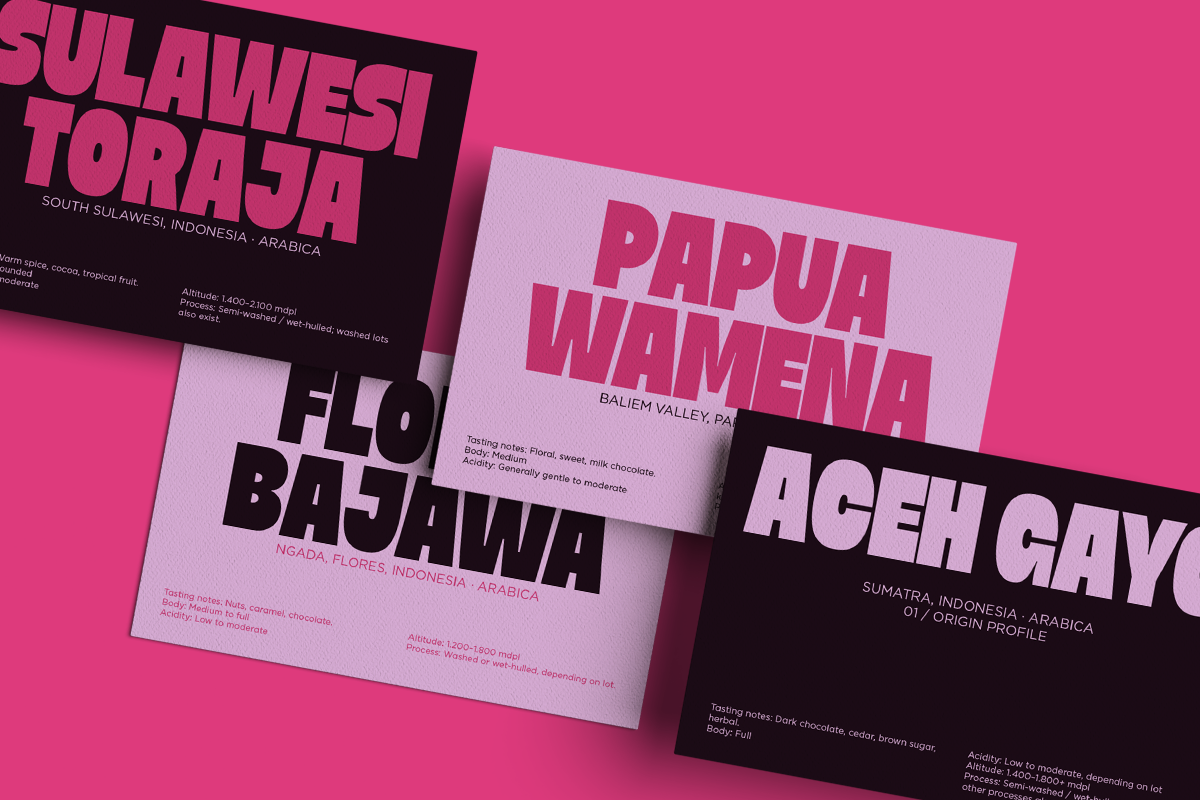 Stacked coffee bag mockups with bold pink type on hot pink background, showing origin details