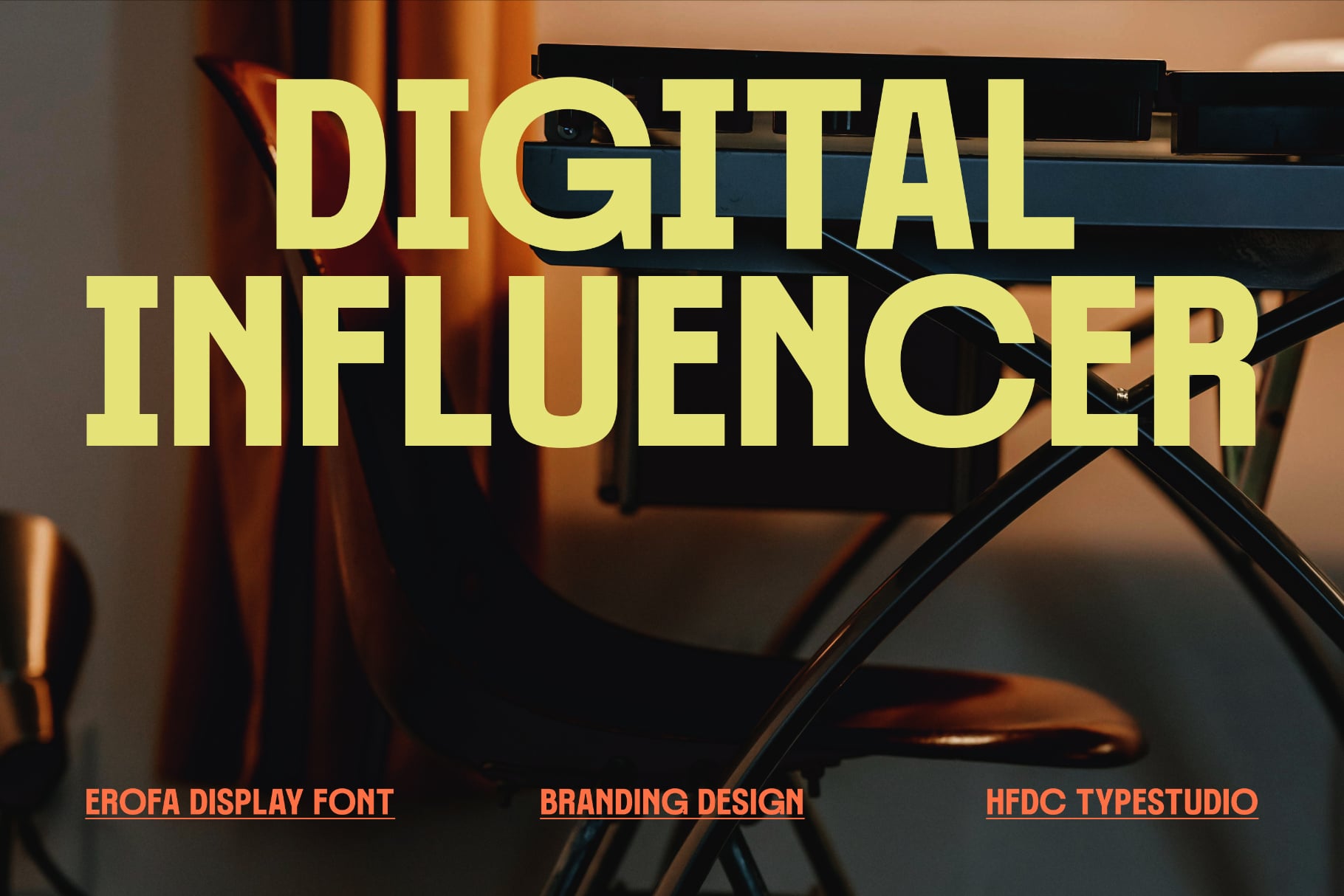 Bold yellow display typography overlaid on studio setup with ring light, modern branding mockup