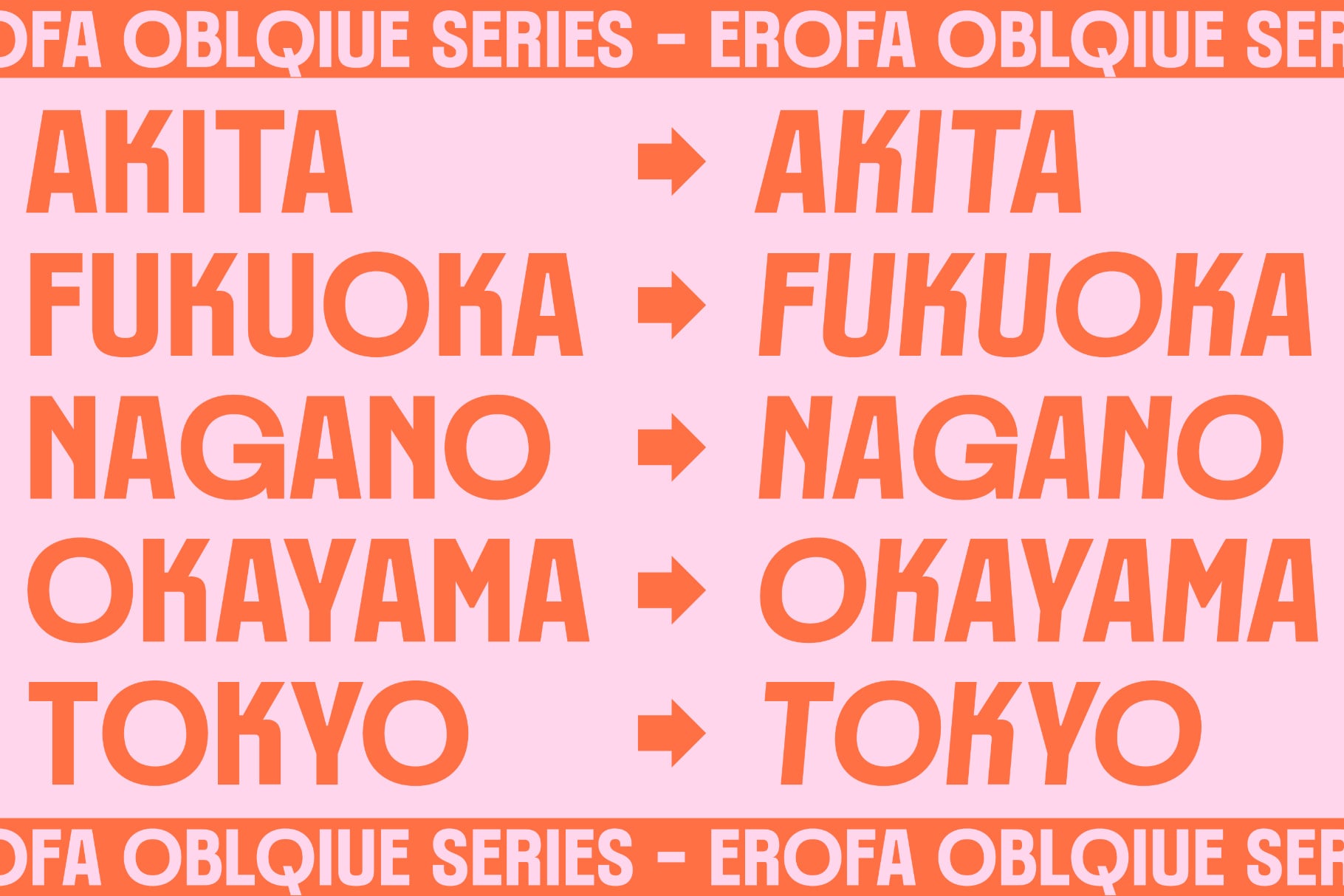 Erofa Oblique font preview showing 5 Japanese cities in bold orange letters on pink background