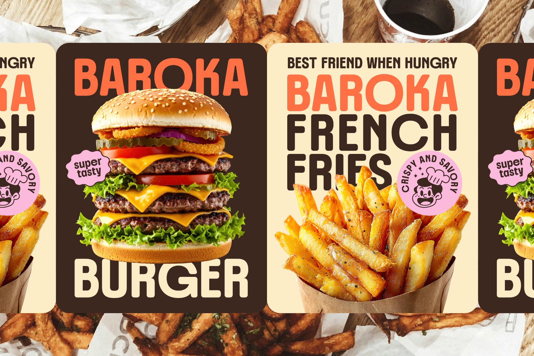 Baroka burger with stacked patties, cheese, lettuce next to crispy fries poster mockup