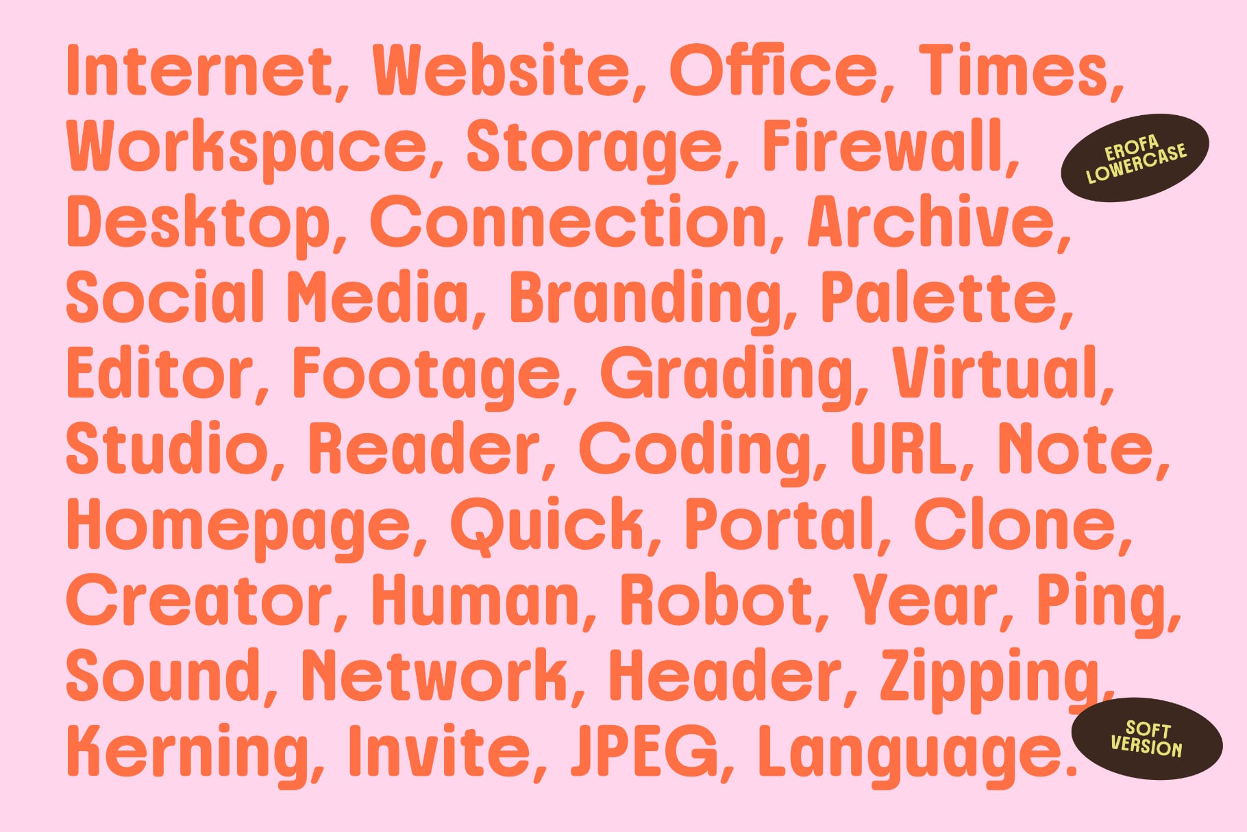 Bold orange tech jargon scattered on pink background with EROFA lowercase label