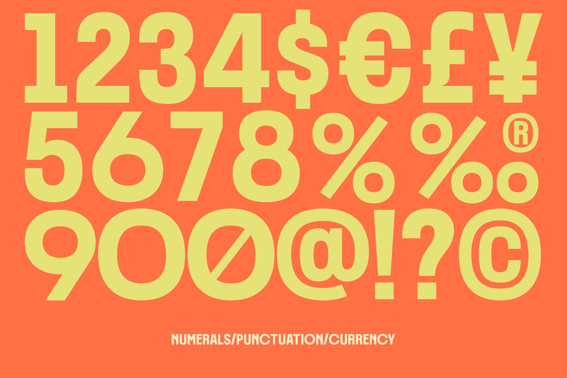 Bold yellow numbers, symbols, currency signs on bright orange background