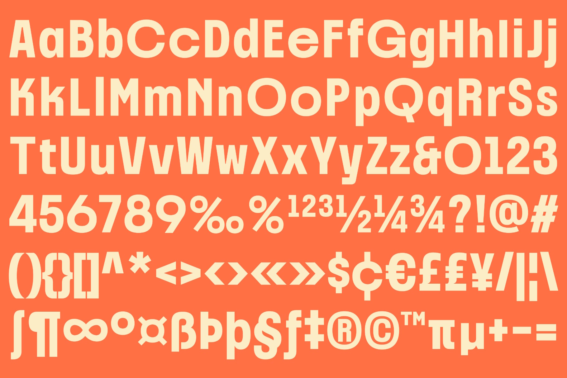Bold sans serif font showing full character set on bright orange background