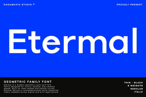 Eternal geometric sans serif font in white on bright blue background
