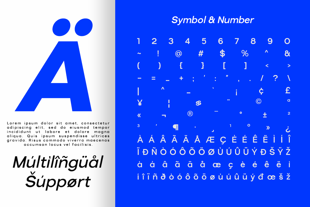 Bold blue font showing numbers, symbols, plus international characters with multilingual support