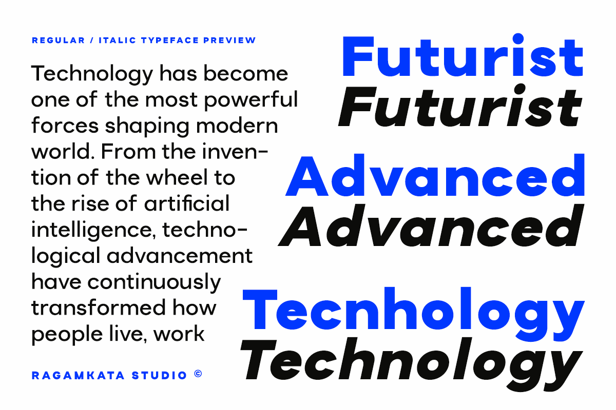 Futurist typeface shown in regular, italic, plus bold weights with sample tech paragraph copy