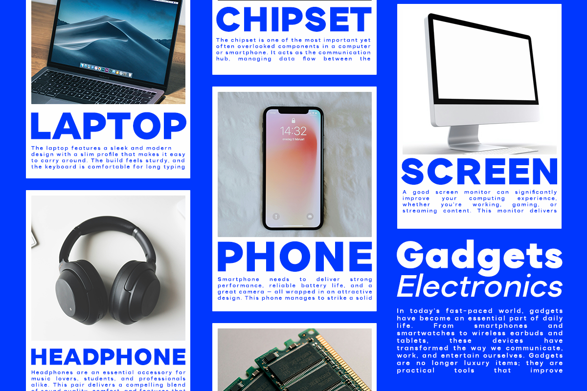 Colorful tech product guide showing laptop, phone, headphones, monitor, chipset with blue typography