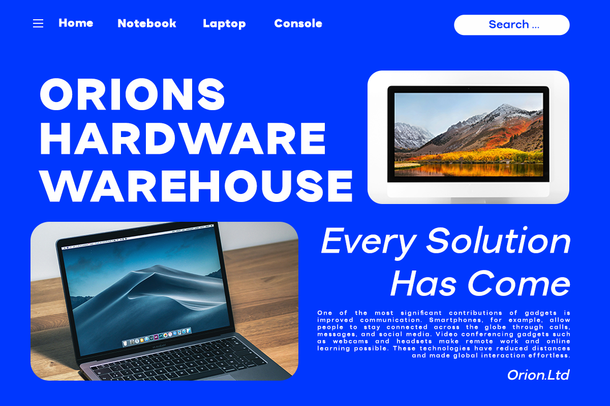 Bright blue website hero with laptop, monitor mockups showing mountain landscapes