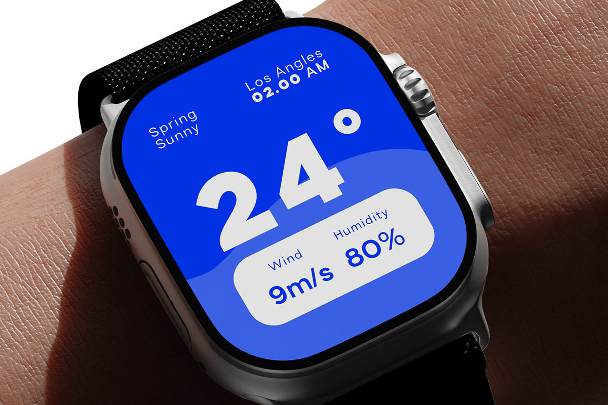 Smartwatch weather app mockup showing blue interface with temperature, wind speed, humidity data on wrist