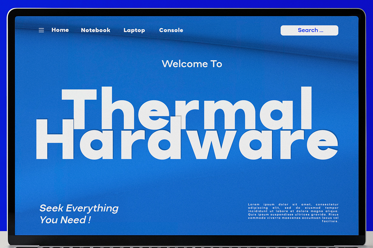 Bright blue website hero with bold white "Thermal Hardware" headline, nav menu, search bar