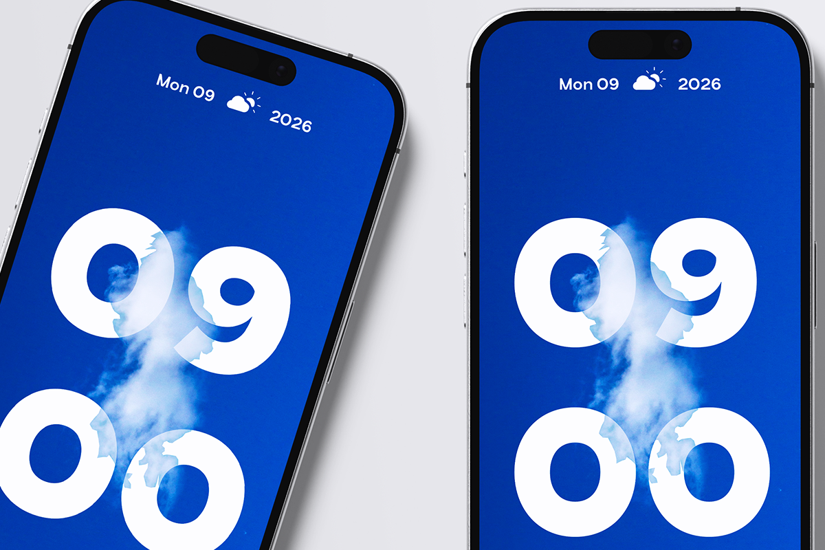 Two iPhones showing bright blue lock screen with cloudy sky cutout numbers, weather icon, date Mon 09 2026