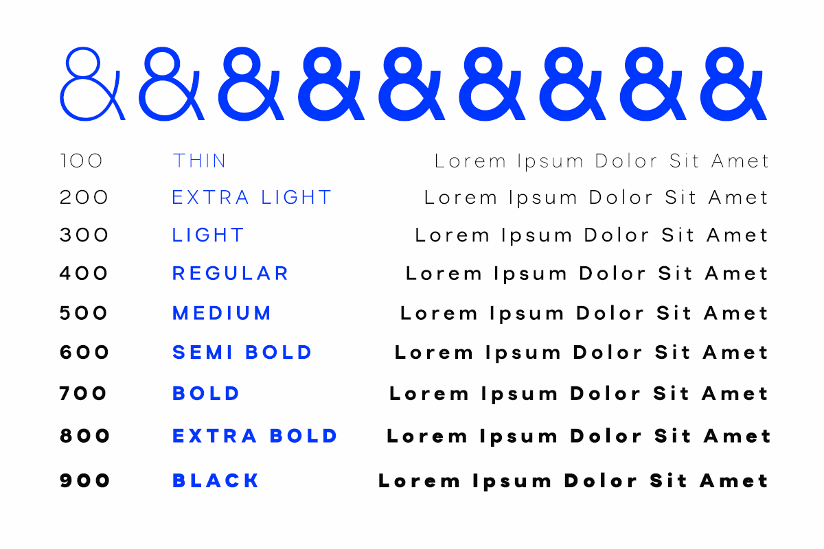 Blue ampersand symbol showing nine font weight variations from thin to black