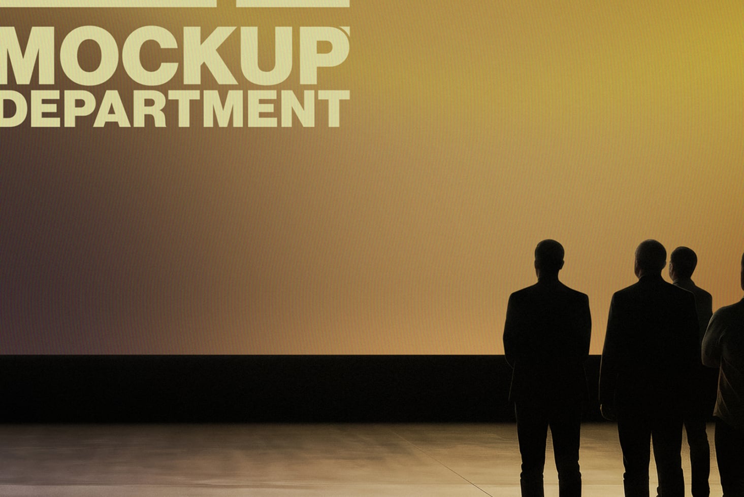 Silhouettes of people viewing large wall projection with "Mockup Department" text on warm gradient background