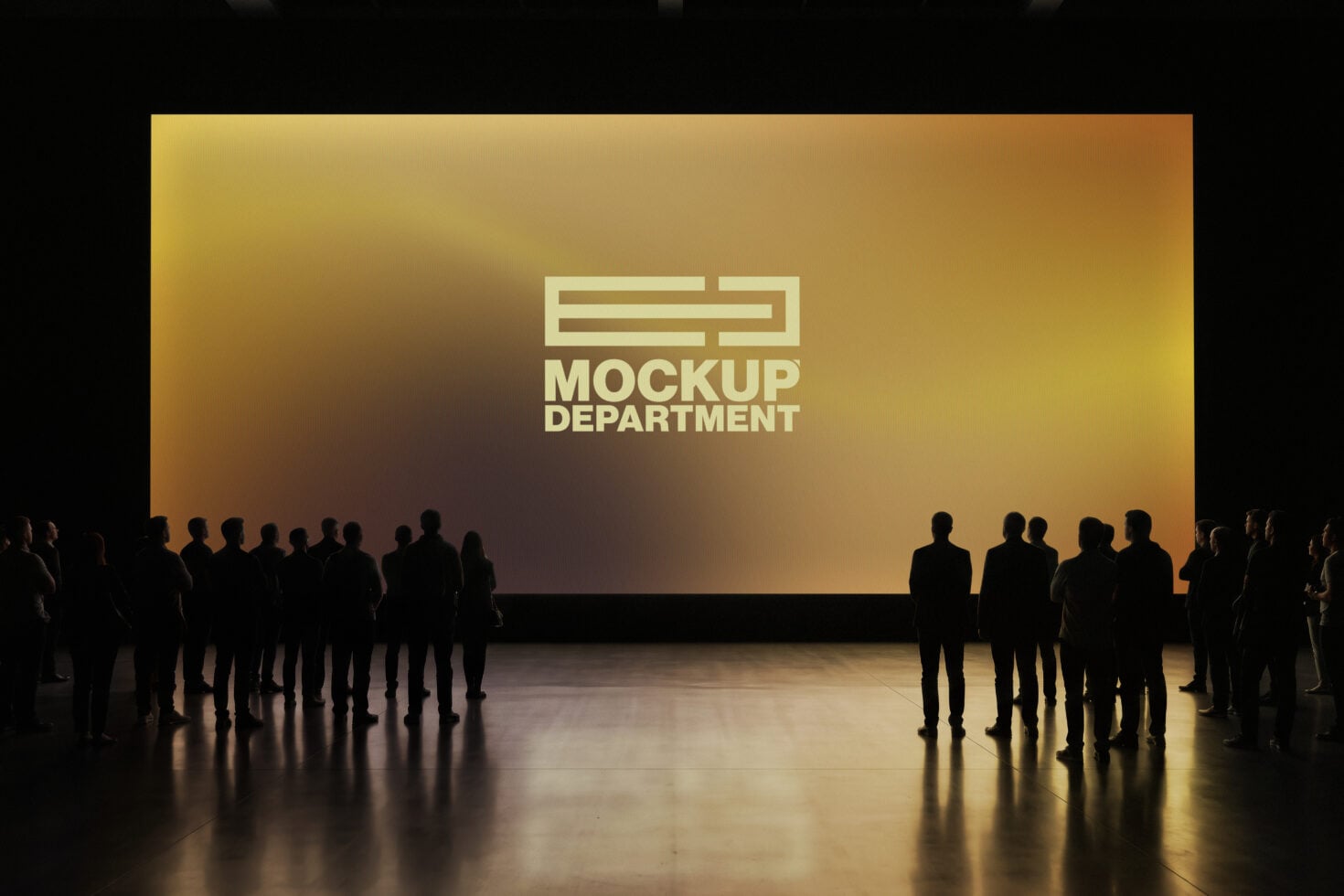 Silhouettes of people facing large projection screen with golden gradient displaying "Mockup Department" logo