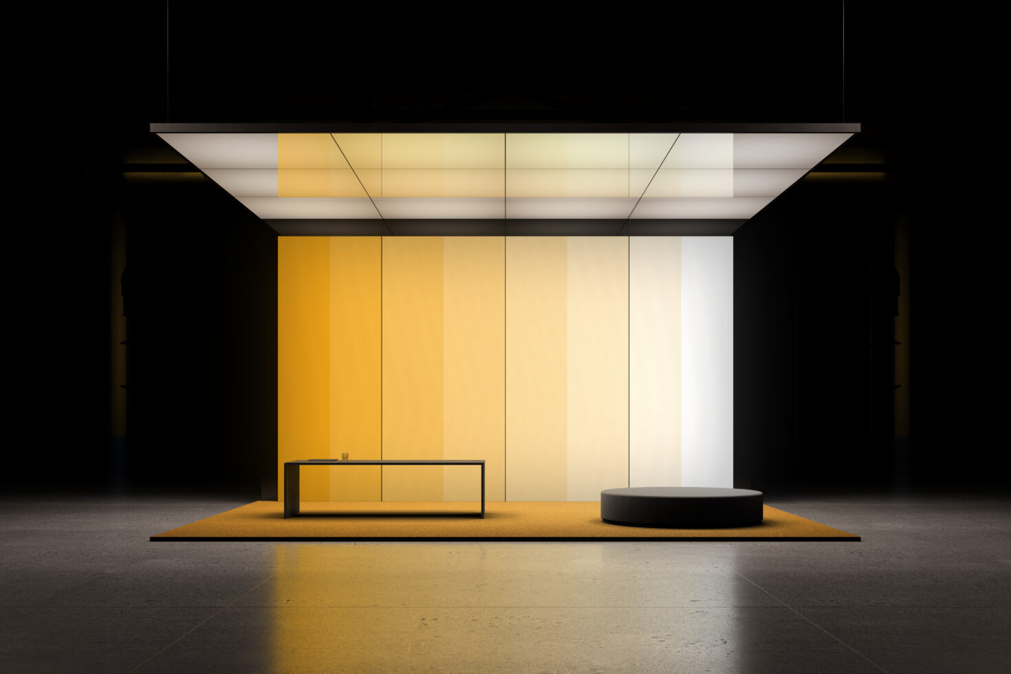 Minimalist retail display with yellow gradient backdrop, black bench, cylindrical pedestal on mustard platform