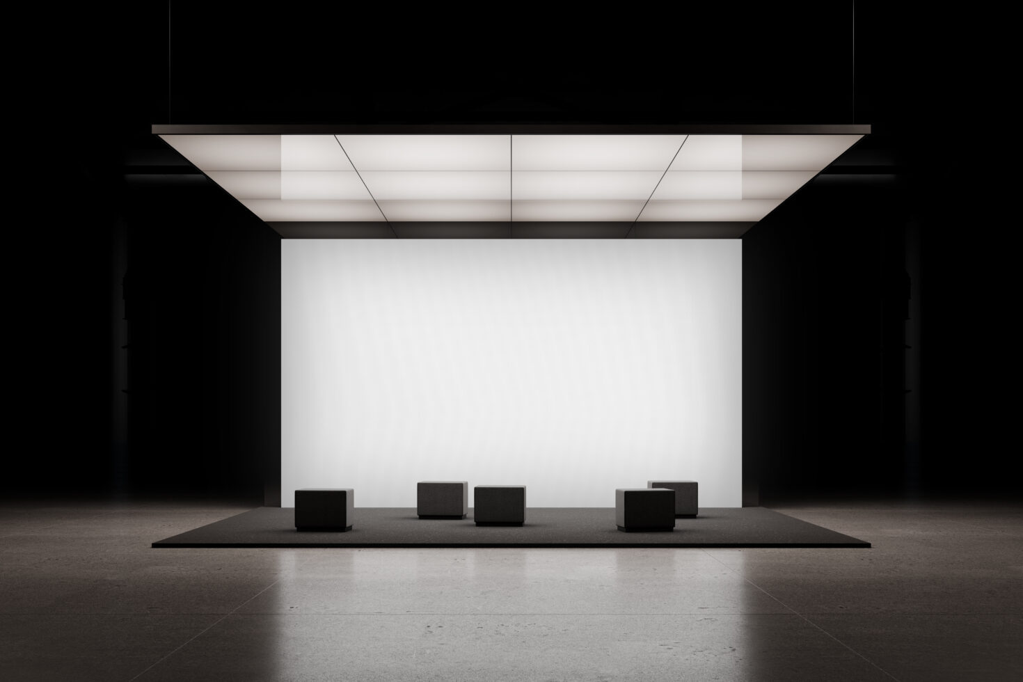 Minimalist gallery space with blank wall, overhead grid lighting, black cubes on dark platform
