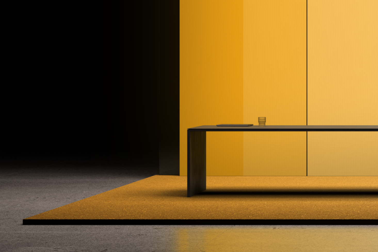 Minimalist retail interior with mustard yellow wall, black desk, concrete floor, soft dramatic lighting