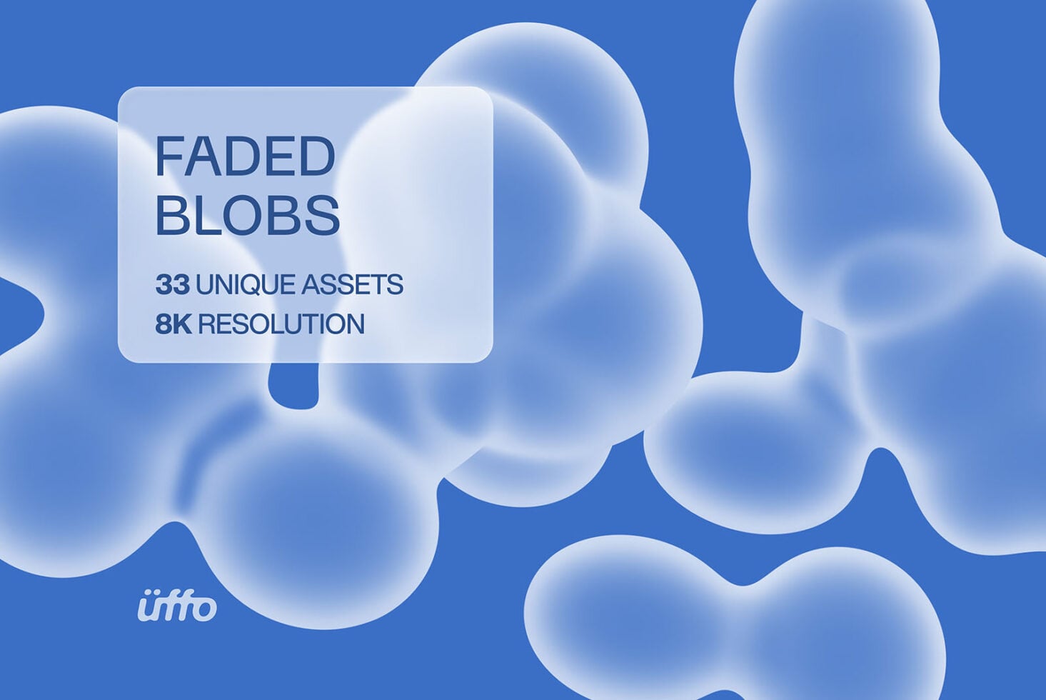 Soft frosted blobs floating on deep blue background with product info card