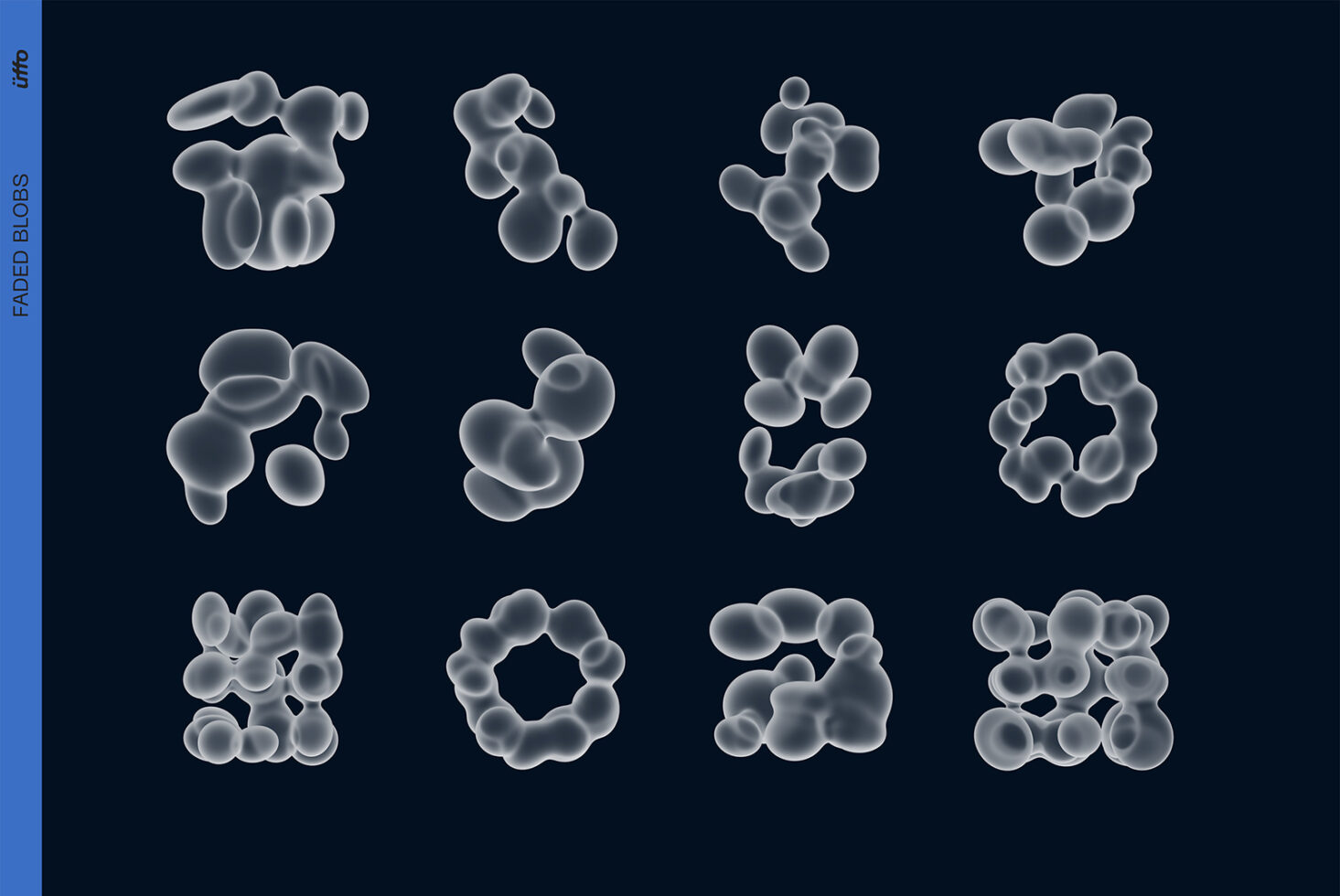 Frosted glass blob shapes in 12 variations, organic bubble clusters with soft lighting on dark background