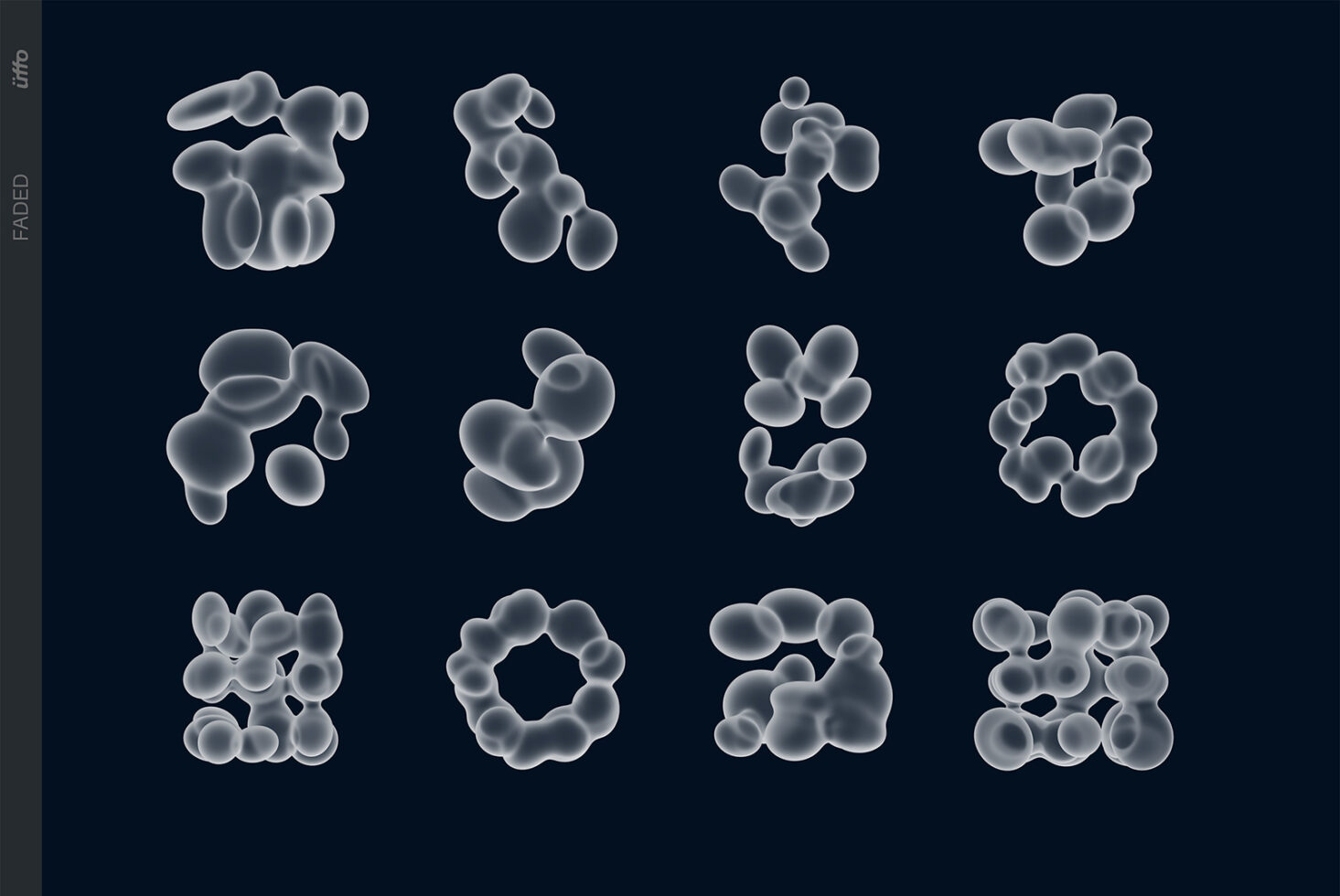 Frosted glass blob shapes in various organic formations on dark background