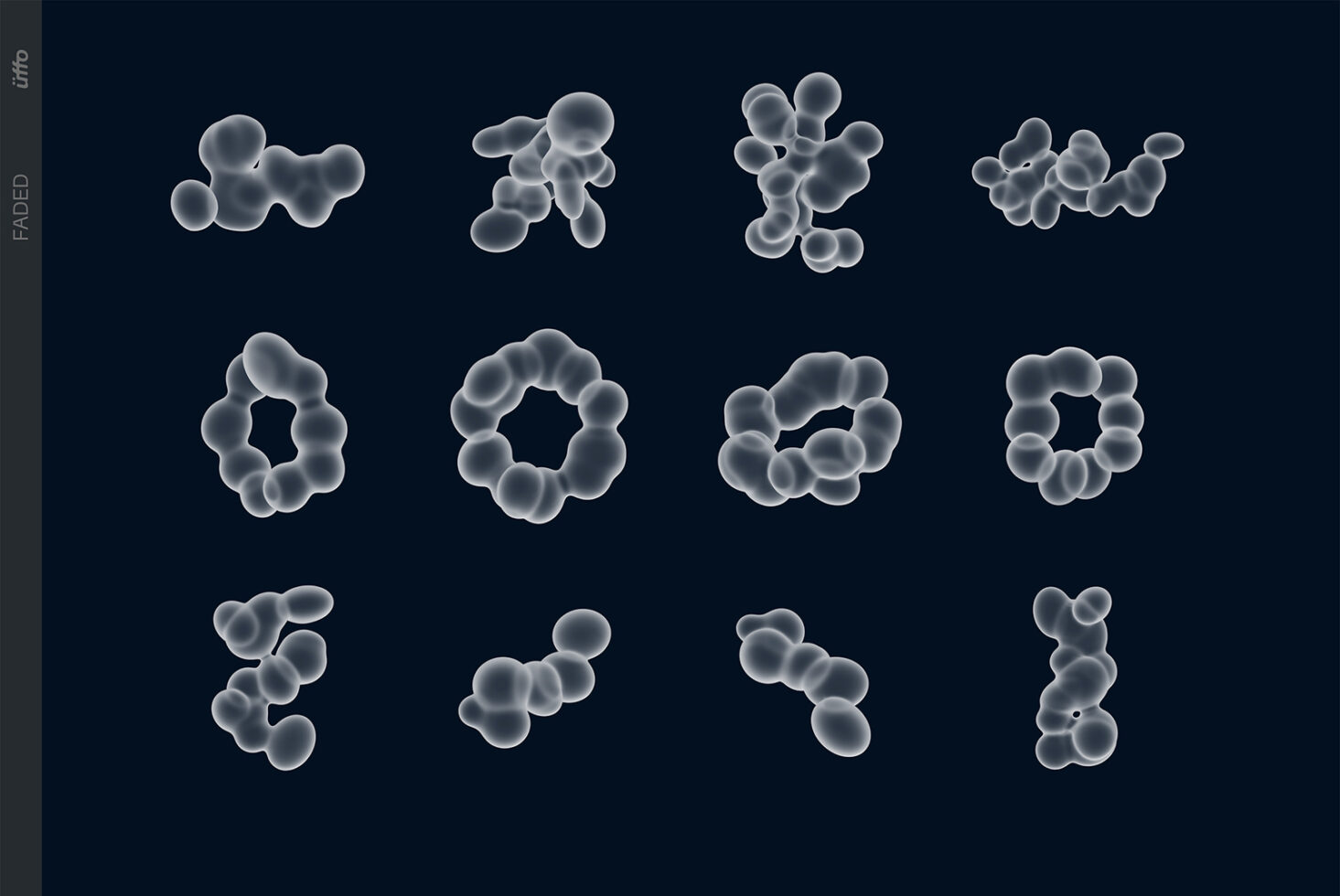 Frosted glass blob shapes in various organic formations on dark background
