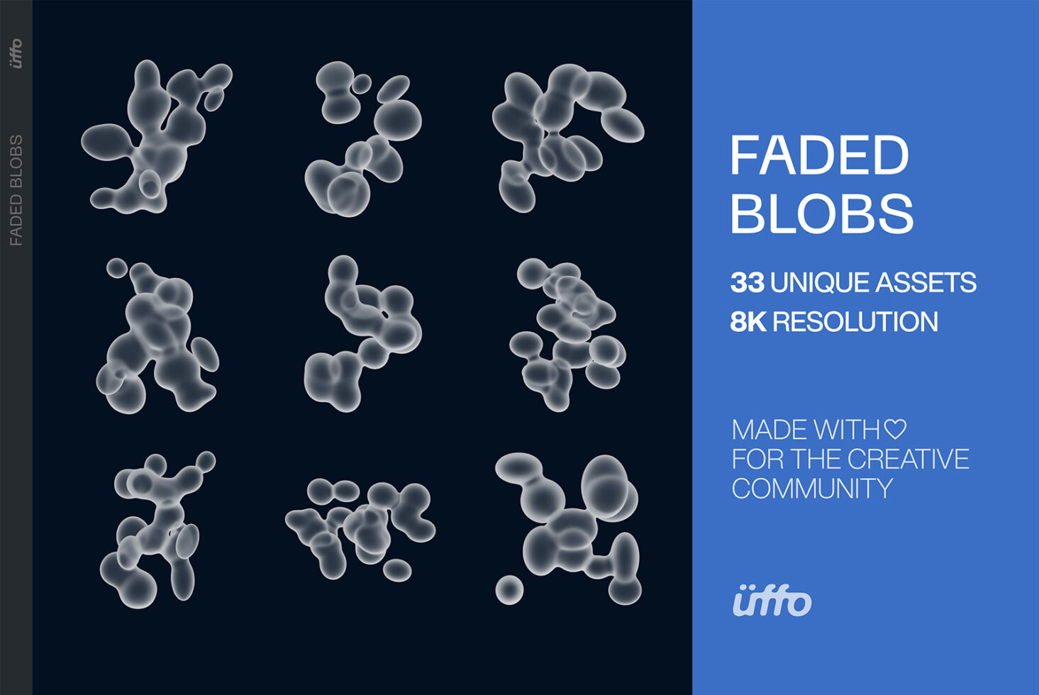 Grid of 9 frosted glass blob shapes in various organic formations on dark background