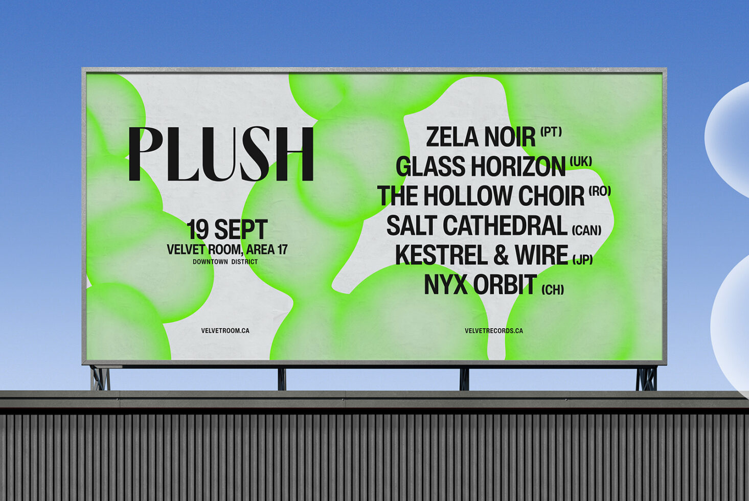 Billboard mockup for Plush music event with bright lime green organic shapes on white background