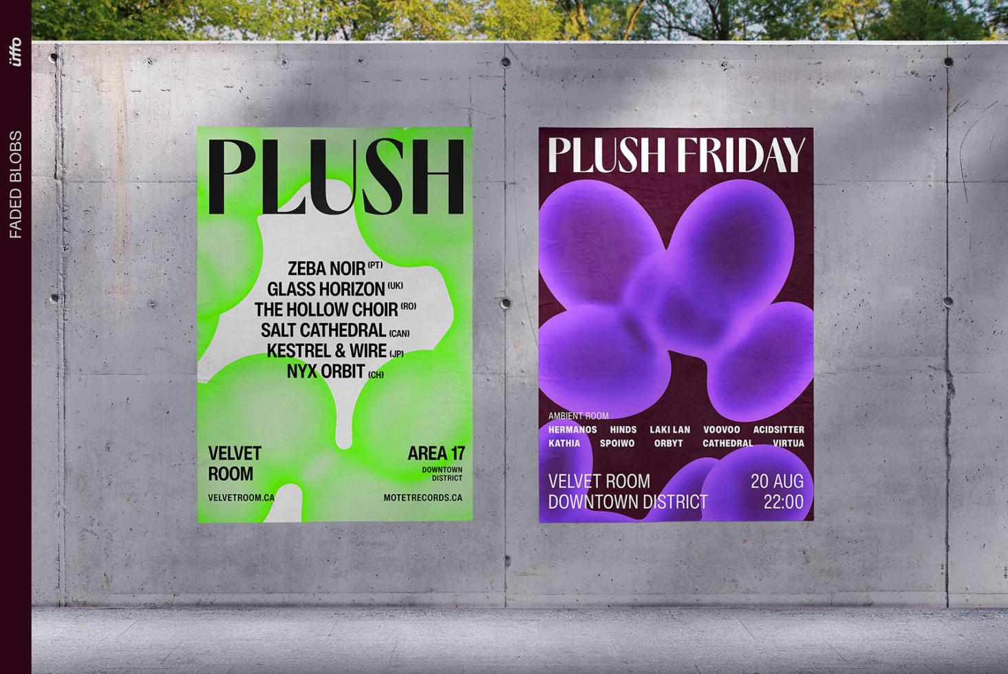 Bright neon green concert poster with organic shapes next to vibrant purple event flyer on concrete wall mockup