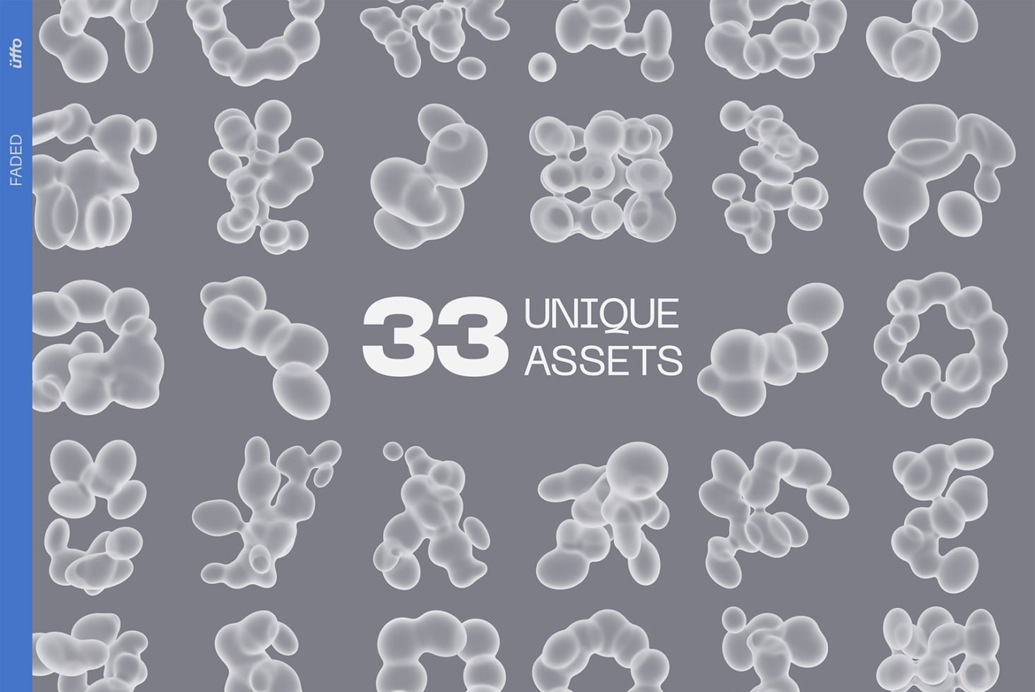 33 frosted glass blob shapes in various organic configurations on gray background