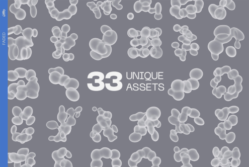 33 frosted glass blob shapes in various organic configurations on gray background