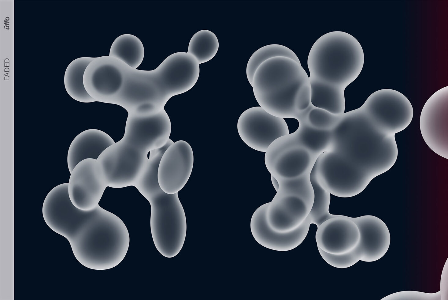 Frosted glass blobs arranged in organic shapes on dark background with gradient fade