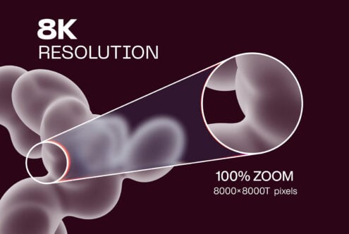8K resolution mockup showing glossy spheres with zoom magnification circles on deep burgundy background