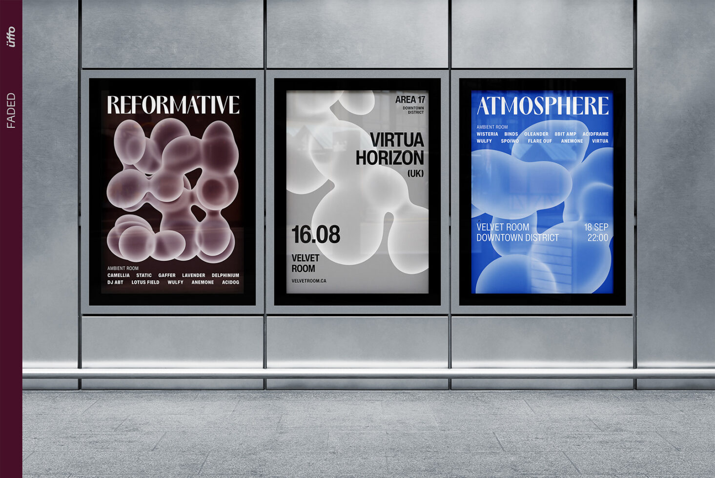 Three framed posters in a storefront window featuring abstract organic shapes with event details