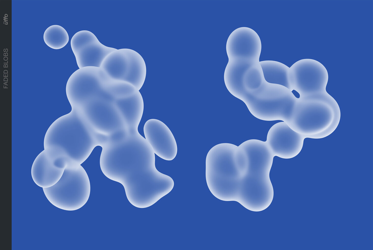 Frosted glass blobs with soft edges on deep blue background, organic shapes with light reflections