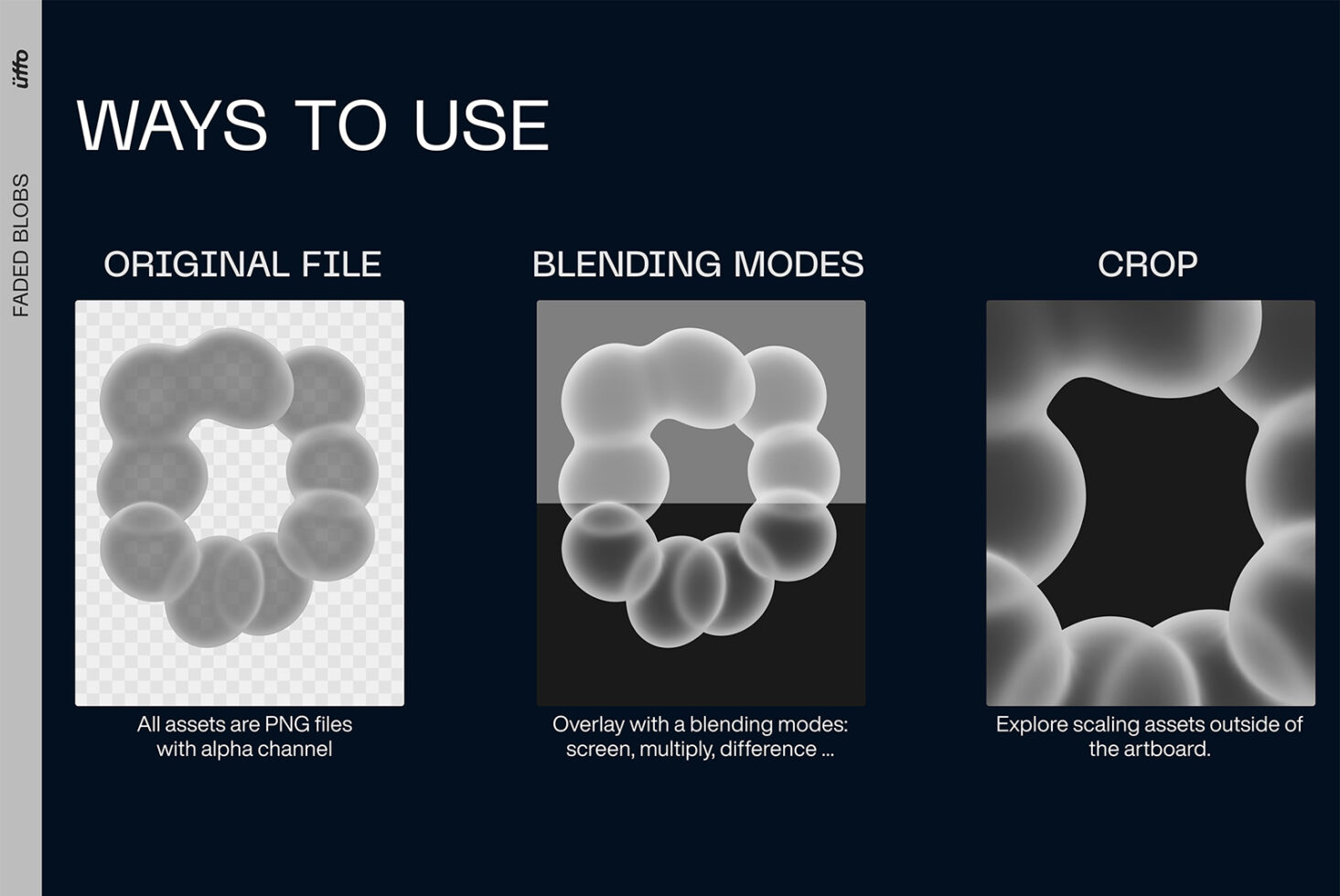 Faded blobs graphic showing original file, blending modes, crop variations with PNG assets