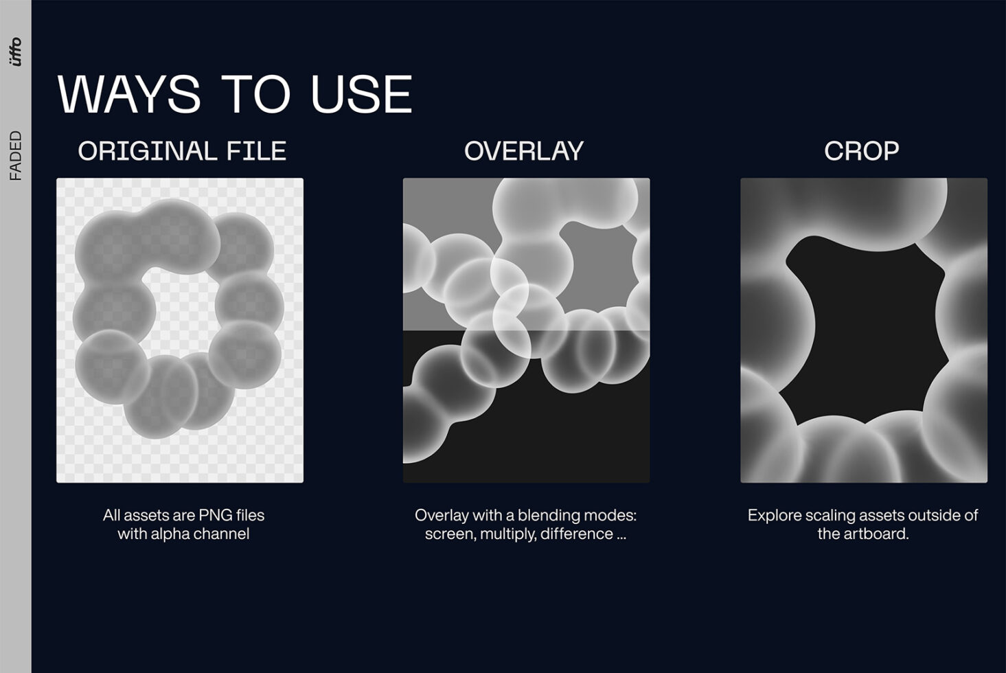 Folded graphic showing three ways to use soft sphere assets: original PNG, overlay with blending modes, crop option