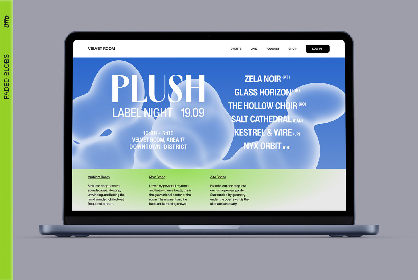 Laptop mockup showing Velvet Room event website with blue gradient, organic shapes, artist lineup, event details, three room descriptions below